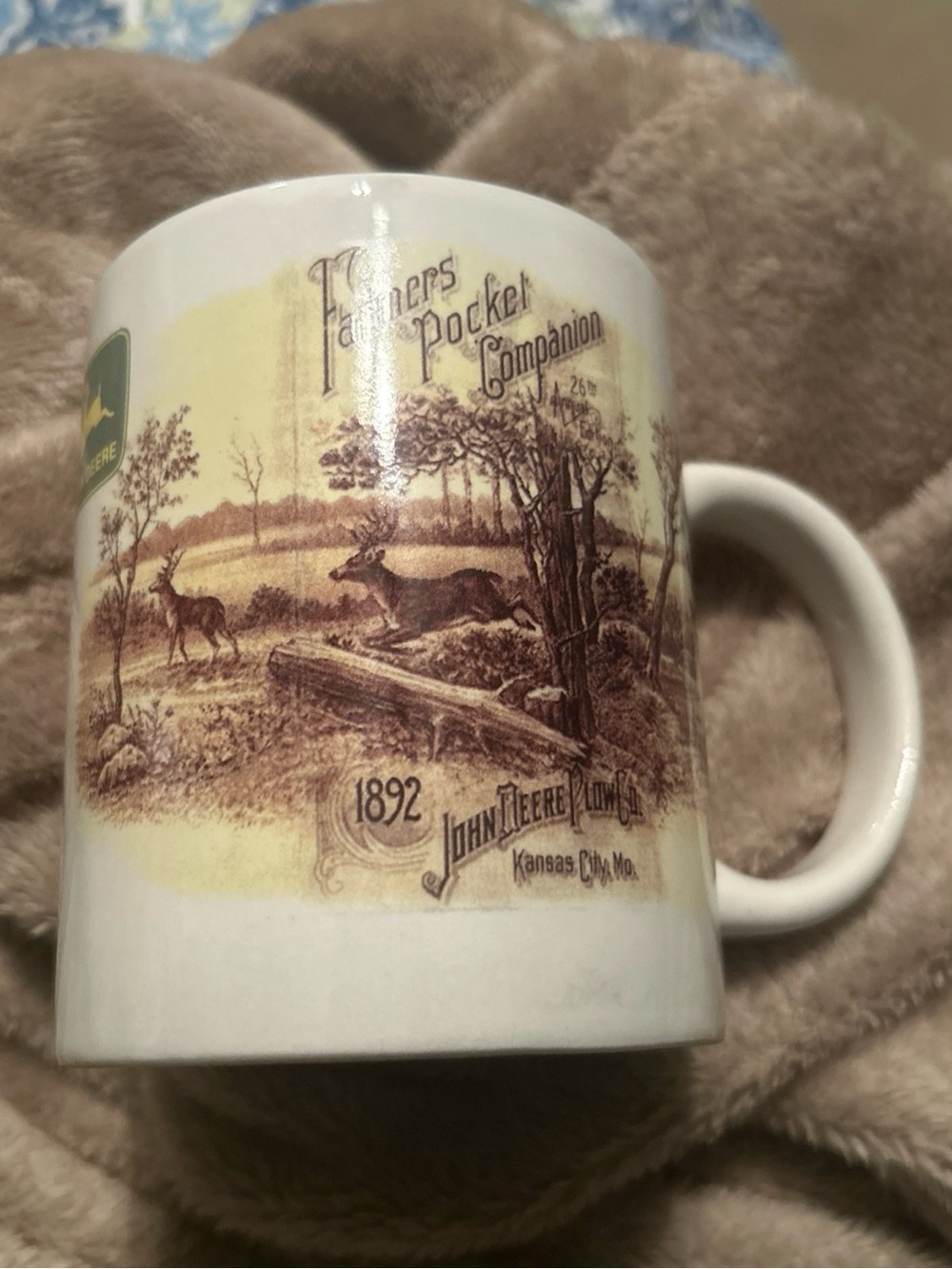 John Deere White Mug with Brown Vintage Farm Scene Gibson Collection